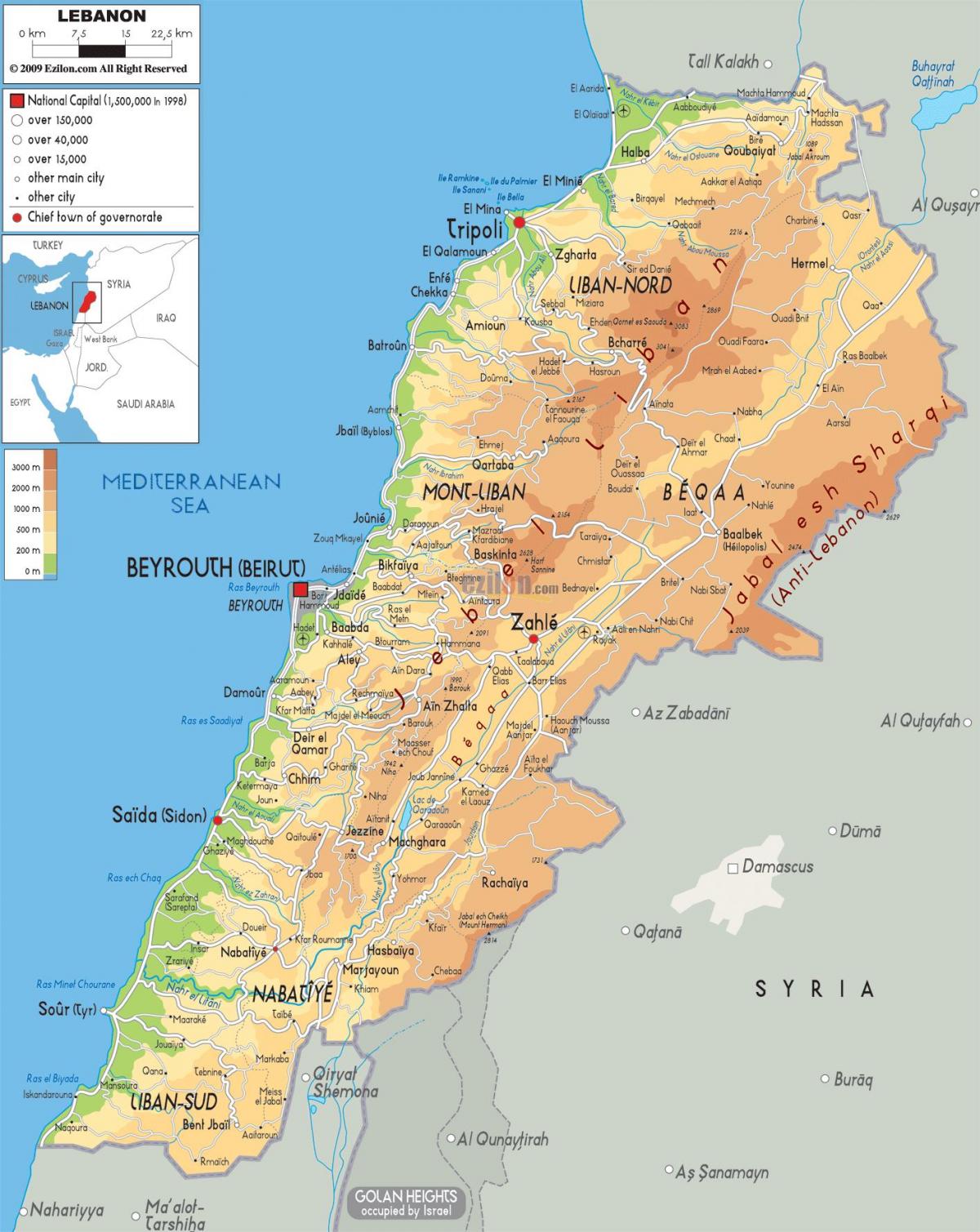 kaart van Libanon fysieke
