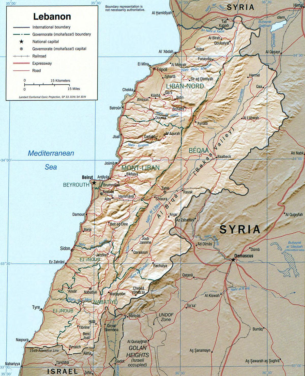 kaart van Libanon geografie