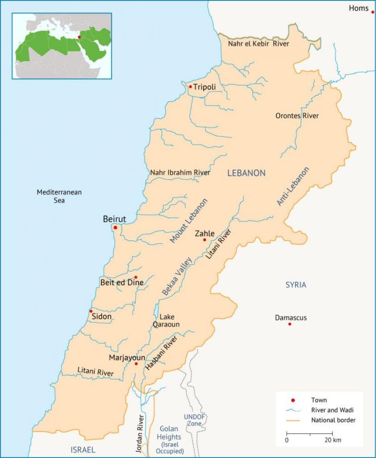 Libanon rivieren kaart