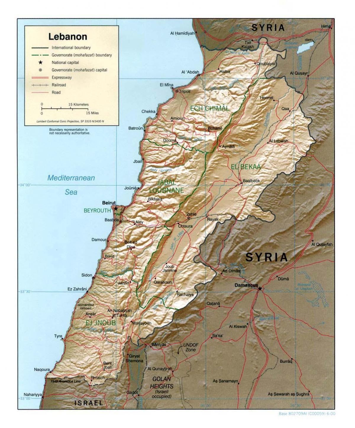kaart van Libanon topografische